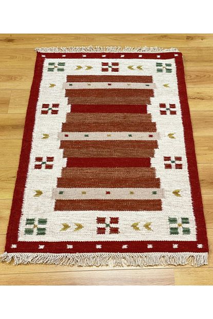Sark Hali El Dokuma Kirmizi Cift Tarafli Pamuk Yun Gabe Kilim