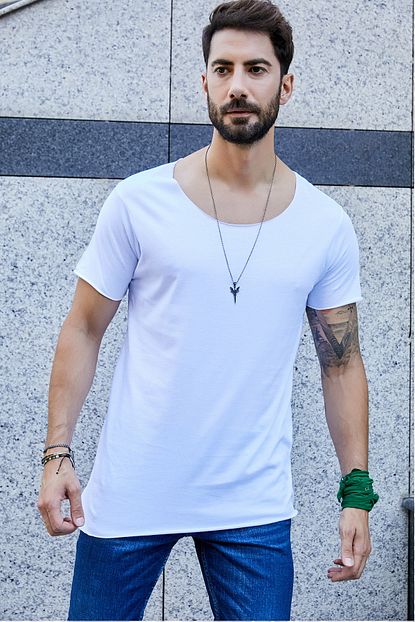 Sateen Men Erkek Beyaz Slimfit Dikissiz Yaka T Shirt Trendyol