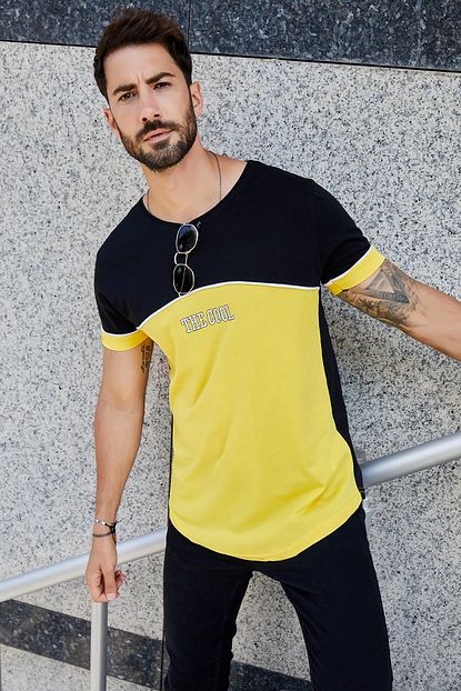 Sateen Men Erkek Siyah Sari Slimfit Yazi Nakisli T Shirt Trendyol