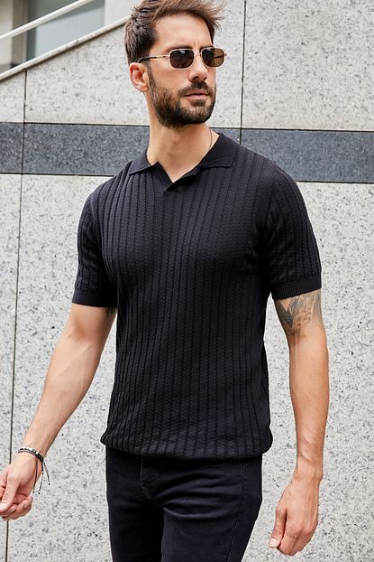 Sateen Men Erkek Siyah Kisa Kollu Fitilli Polo Yaka Triko Trendyol