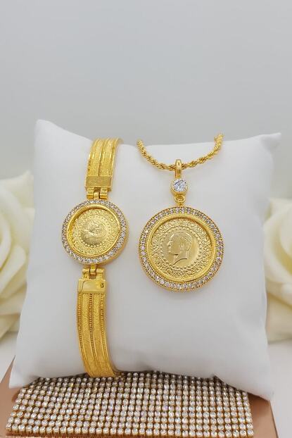 Alzey Gold Imitasyon Altin Kaplama Ceyrek Yarim Altin Lirali Kolye Kelepce Set Trendyol