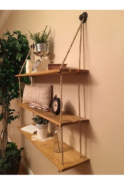 Worldwooden Ahsap Dekoratif Tasarim 3 Katli Halatli Raf Kitaplik Aksesuar Rafi Ciceklik Trendyol