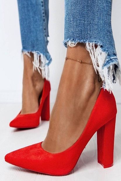 Trendyes Kirmizi Suet Kalin Topuklu Stiletto Trendyol