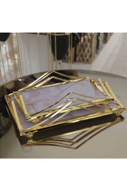 gold renk mermer desenli tepsi