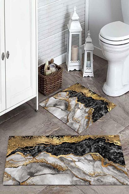 Hazar Hali Koyu Renk Mermer Baskili Banyo Paspas Takimi 50x60 60x100 Trendyol