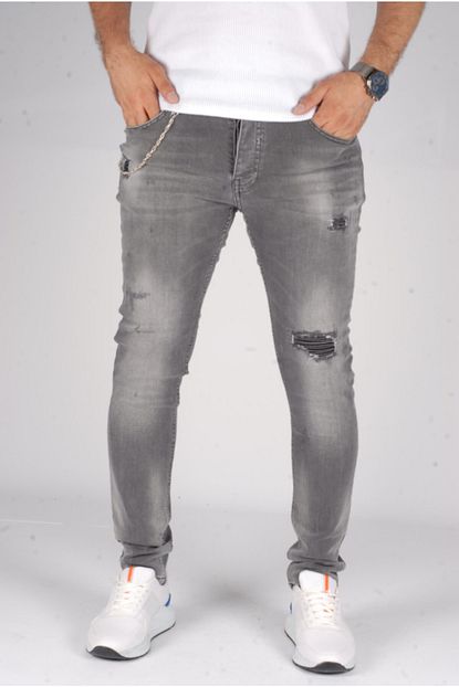 Redman Jeans Gri Erkek Yirtik Ve Yamali Detayli Slim Fit Likrali Kot Pantolon Trendyol