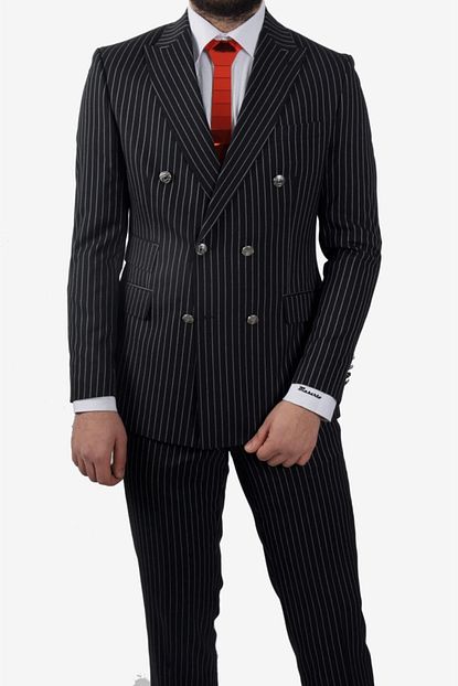 Maserto Erkek Siyah Cizgili Slim Fit Kruvaze Takim Elbise Trendyol