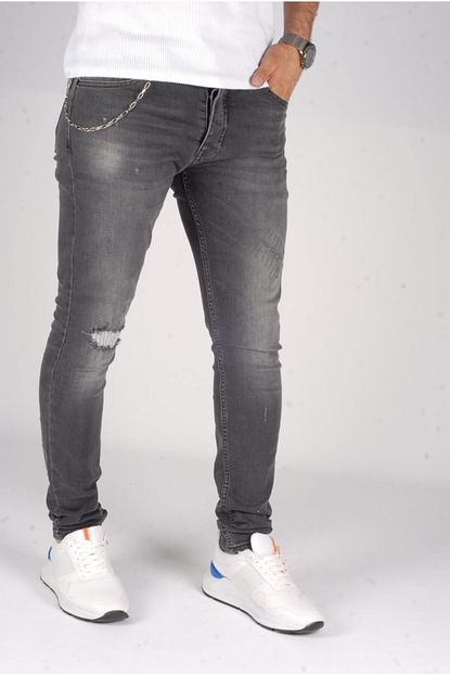 Redman Jeans Gri Erkek Dizi Yamali Slim Fit Likrali Kot Pantolon Trendyol