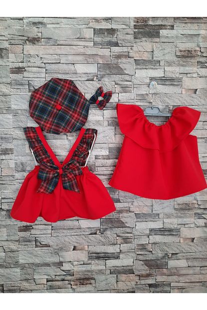 Moda Bebek Kirmizi Ekoseli Salopet Takimi Trendyol
