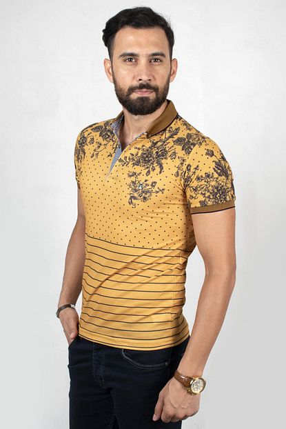 Deepsea Erkek Hardal Sarisi Desenli Polo Yaka Tisort 2000121 Trendyol