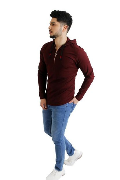 Stil Kombin Erkek Bordo Yarim Fermuarli Kapsonlu Penye Gomlek Trendyol