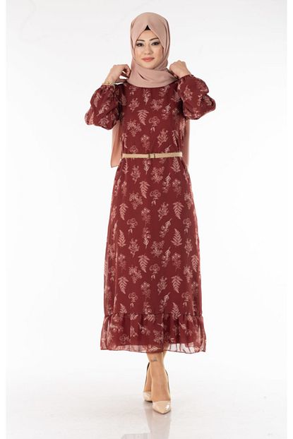 Tp Tesettur Pazari Kadin Kiremit Desenli Sifon Tesettur Elbise Efl5619 1 Trendyol