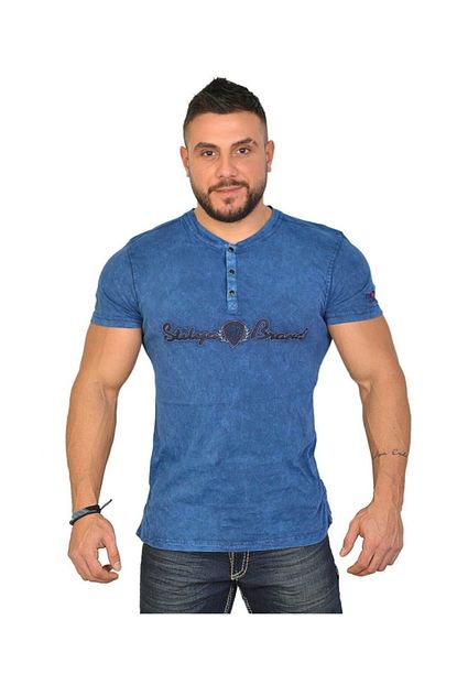 Stilya Erkek Mavi Dar Kesim Eskitme T Shirt 2885 Trendyol