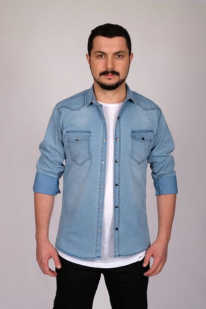 Bombe Erkek Buz Mavisi Cift Cepli Citcitli Kot Gomlek Mod129 Trendyol