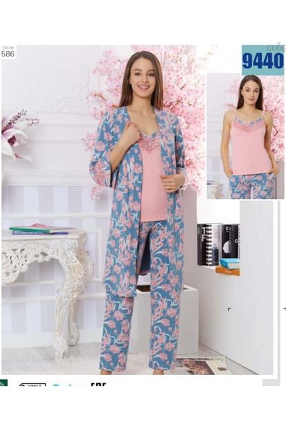 Baykar Kadin Pembe Cicekli Askili Uclu Pijama Takimi 9440 Trendyol