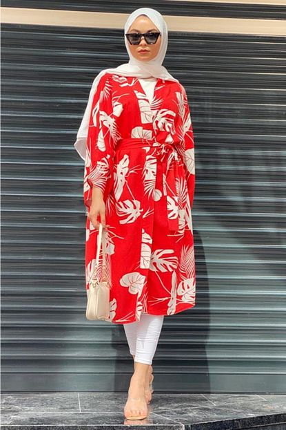Adressbutik Kimono Kirmizi Keten Kumas Trendyol