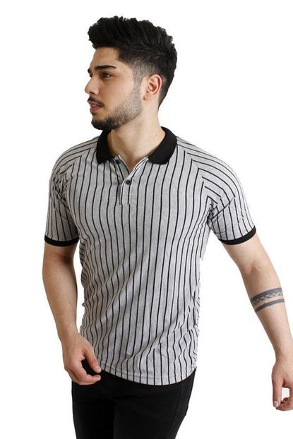 Stil Kombin Erkek Gri Ince Dikey Cizgili Polo Yakali Tisort Trendyol