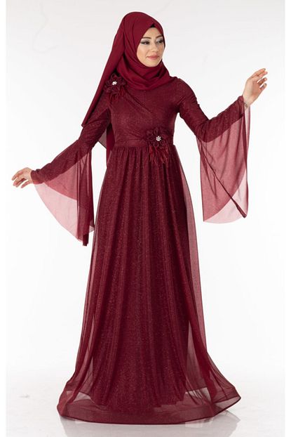 Tp Tesettur Pazari Kadin Bordo Cicek Detay Simli Tesettur Abiye Elbise Arn40013 2 Trendyol