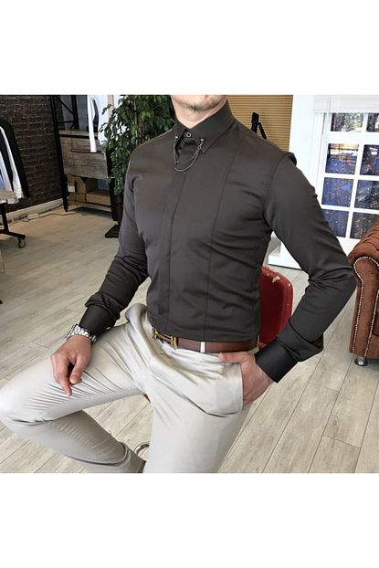 Terziademaltun Erkek Kahverengi Italyan Kesim Slim Fit Saten Zincirli Gomlek T4801 Trendyol