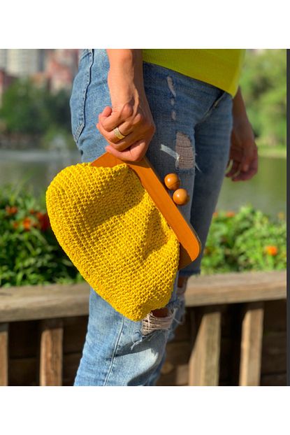 Niladesign Kadin Sari Kagit Ip Orme Clutch Portfoy Canta Trendyol