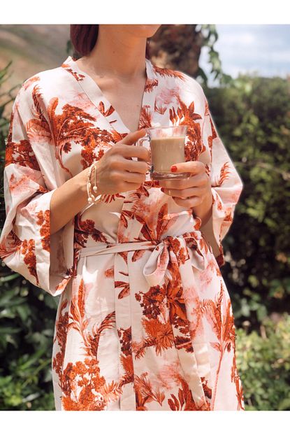 Chillax Kadin Bej Keten Kimono Trendyol
