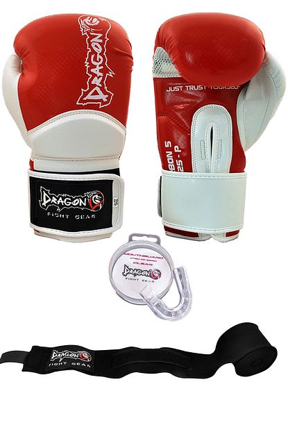 carbon 5 kirmizi beyaz renk boks eldiveni 10 oz bandaj siyah renk ve dislik 3 lu set