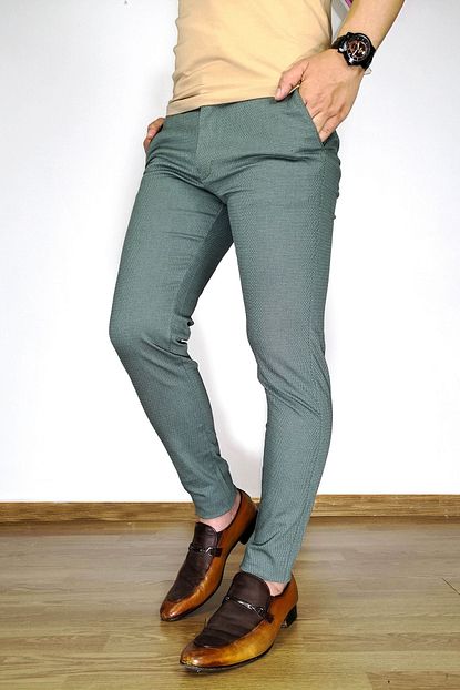 Kulemoda Erkek Yesil Armur Desenli Slimfit Likrali Dar Paca Keten Pantolon Trendyol