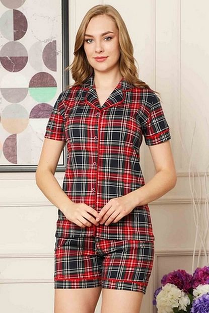 Alimer Kadin Kirmizi Kareli Gomlek Yaka Onden Dugmeli Kisa Kol Sortlu Pijama Takimi 2523 3 Trendyol