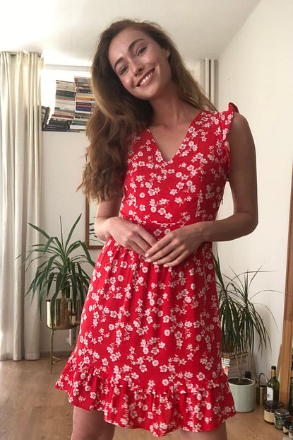 Trendyolmilla Kirmizi Firfirli Cicek Desenli Elbise Twoss20el2516 Trendyol