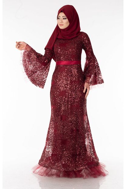 Tp Tesettur Pazari Kadin Bordo Renk Beli Saten Pullu Tesettur Abiye Arn38587 1 Trendyol