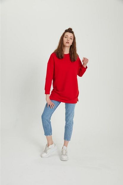 Basicpark Kadin Kirmizi Alberta Duz Basic Sweatshirt Trendyol