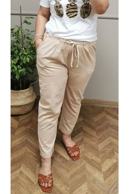 Tugba Butik Kadin Krem Beli Lastikli Ince Keten Pantolon Trendyol