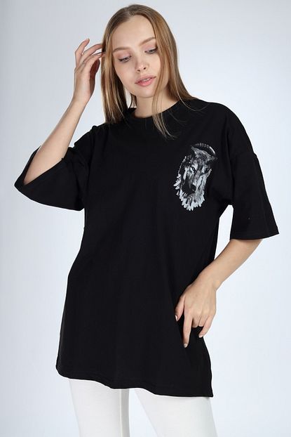 Millionaire Kadin Siyah Kurt Baskili Oversize T Shirt Trendyol