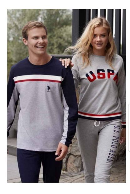 U S Polo Assn Us Polo Assn Yazili Yuvarlak Yaka Erkek Pijama Takimi 18358 Gri Melanj Trendyol