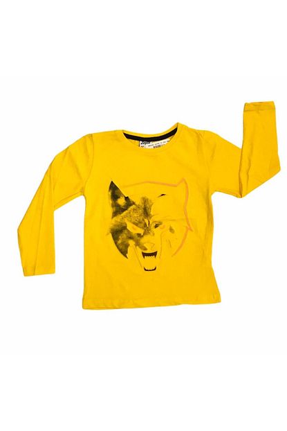 erkek cocuk sari kurt desenli kabartmali tshirt