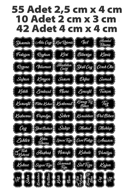 siyah 107 adet baharat bakliyat kuruyemis kavanoz etiketi sticker