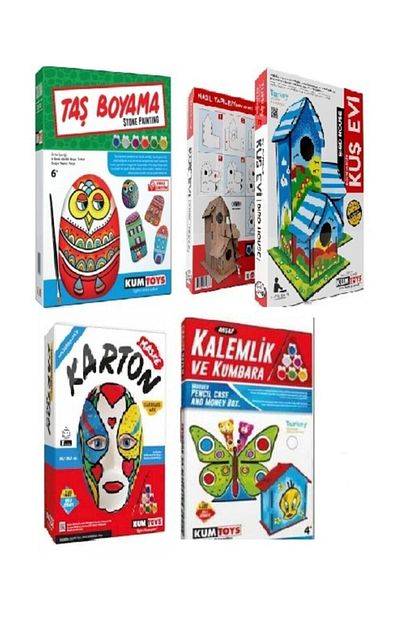 tas kalemlik ve kumbara karton maske kus evi 4 lu boyama sanati seti