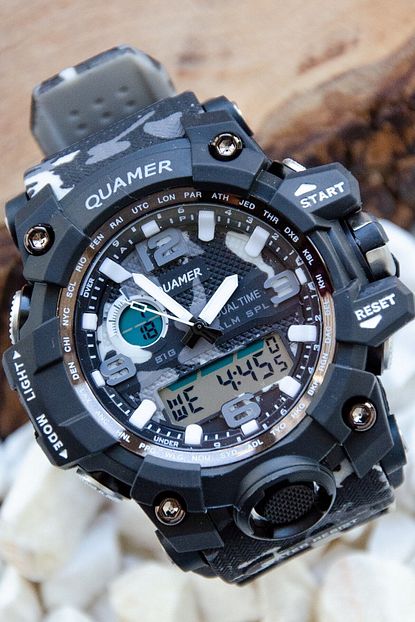 quamer kol saati spor gri kamuflaj desen analog dijital full mekanizma