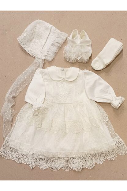 pugi baby lora sapkali kiz bebek mevlut elbise takimi seti ekru fiyati yorumlari trendyol