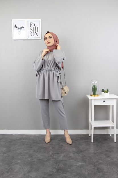 kadin gri tesettur beli lastikli baglama detayli tunik pantolon ikili takim