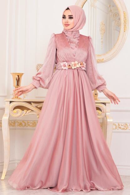 Neva Style Tesetturlu Abiye Elbise Kemerli Pudra Tesettur Abiye Elbise 41180pd Fiyati Yorumlari Trendyol