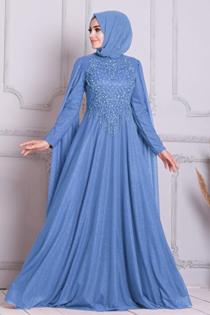 Neva Style Tesetturlu Abiye Elbise Boncuk Detayli Indigo Mavisi Tesettur Abiye Elbise 2177im Fiyati Yorumlari Trendyol