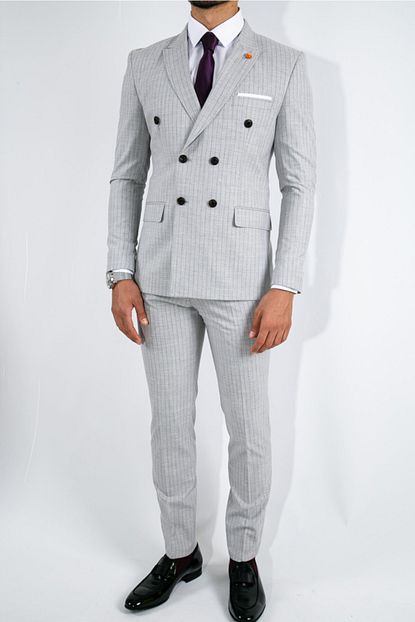 Suitmen Erkek Gri Genis Cizgili Slim Fit Kruvaze Takim Elbise Trendyol