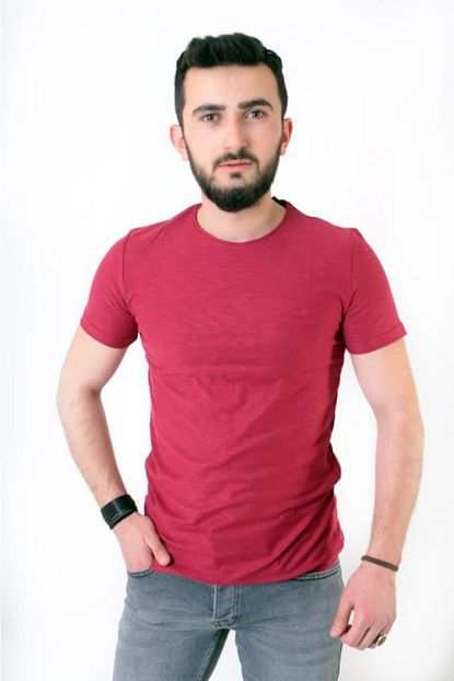 Stil Kombin Erkek Bordo Flamli Sifir Yaka Basic Tisort Trendyol