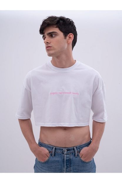 Callbac Erkek Beyaz Pamuk Nakis Islemeli Crop Top Tisort Trendyol