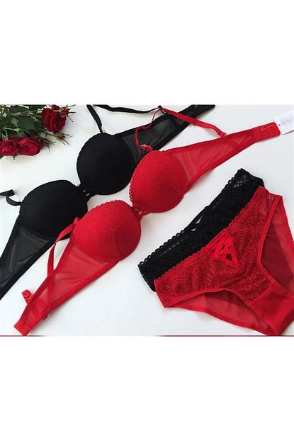 Pembishomewear Kadin Siyah Kirmizi 2 Li Straplez Sutyen Takimi Trendyol
