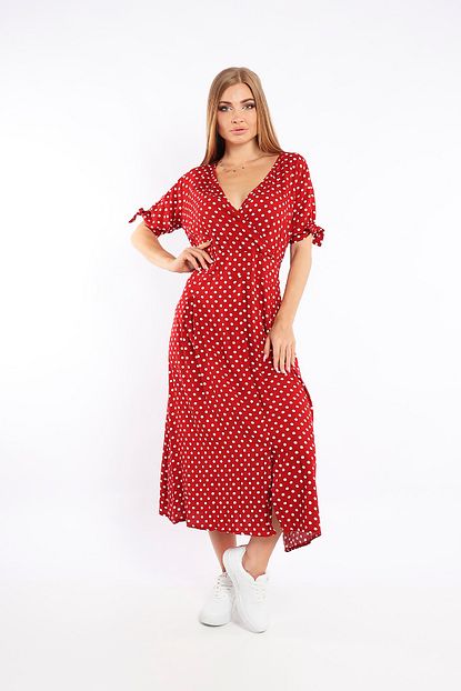 Elti Collection Kadin Kirmizi Puantiye Desenli Viscon Elbise Trendyol