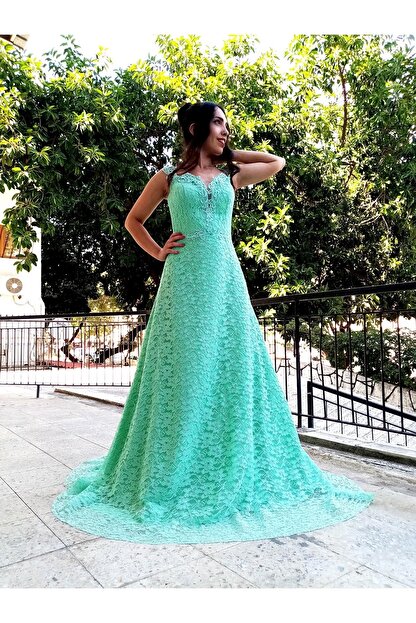Dejavu Abiye Kadin Mint Yesili Biritli Prenses Model Gupurlu Abiye Elbise Trendyol