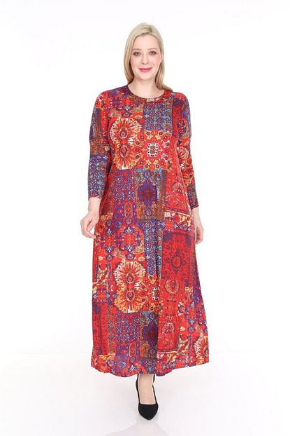 Pelek Butik Kadin Kirmizi Kilim Desenli Uzun Kollu Elbise Trendyol