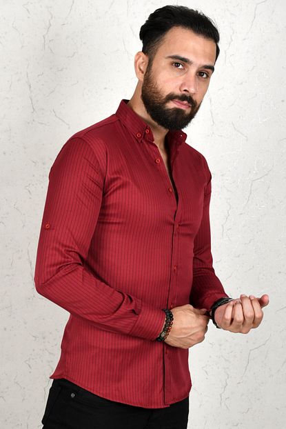 Deepsea Erkek Bordo Cizgili Dar Kesim Gomlek 2002813 Trendyol